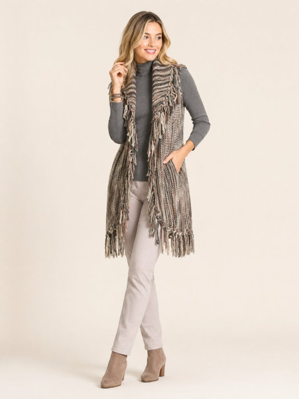 Chico's Drama Fringe Nolan Sweater Vest Open Longline Cardigan Multi 8 #A4243